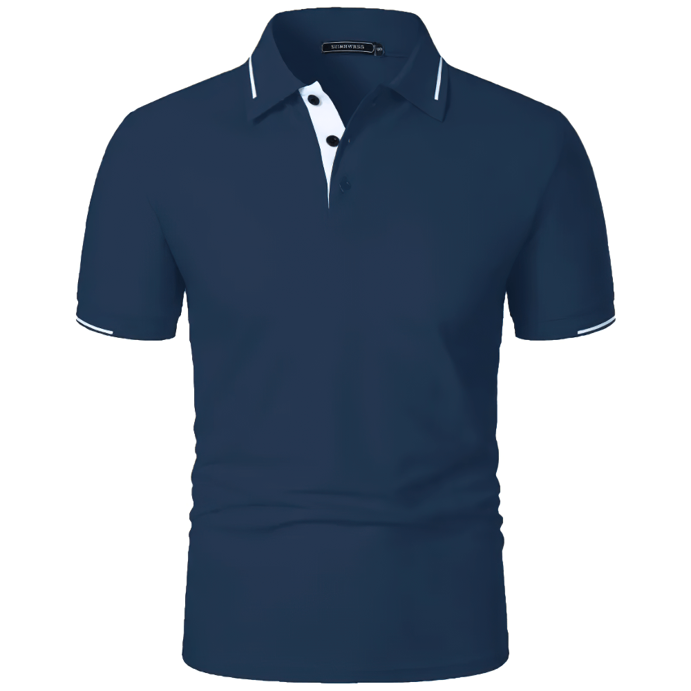 Alt Tag: Men's Solid Color Lightweight Polo Shirt -SF4349 navy short sleeve golf polo with contrast trim and button placket