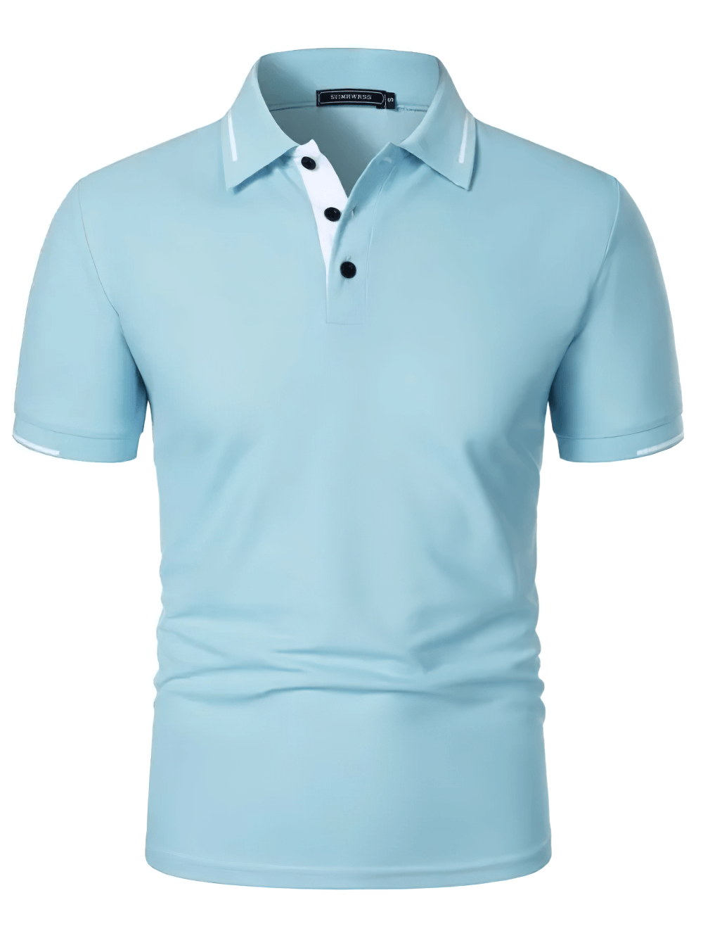 Alt Tag: Men's Solid Color Lightweight Polo Shirt -SF4349 light blue short sleeve golf polo with contrast trim and button placket