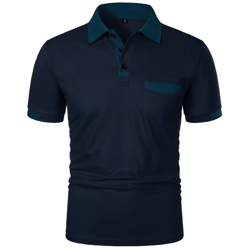 Alt Tag: Men's Solid Color Polo Shirt with Chest Pocket - SF4325 navy short sleeve golf polo with contrast collar trim and chest pocket