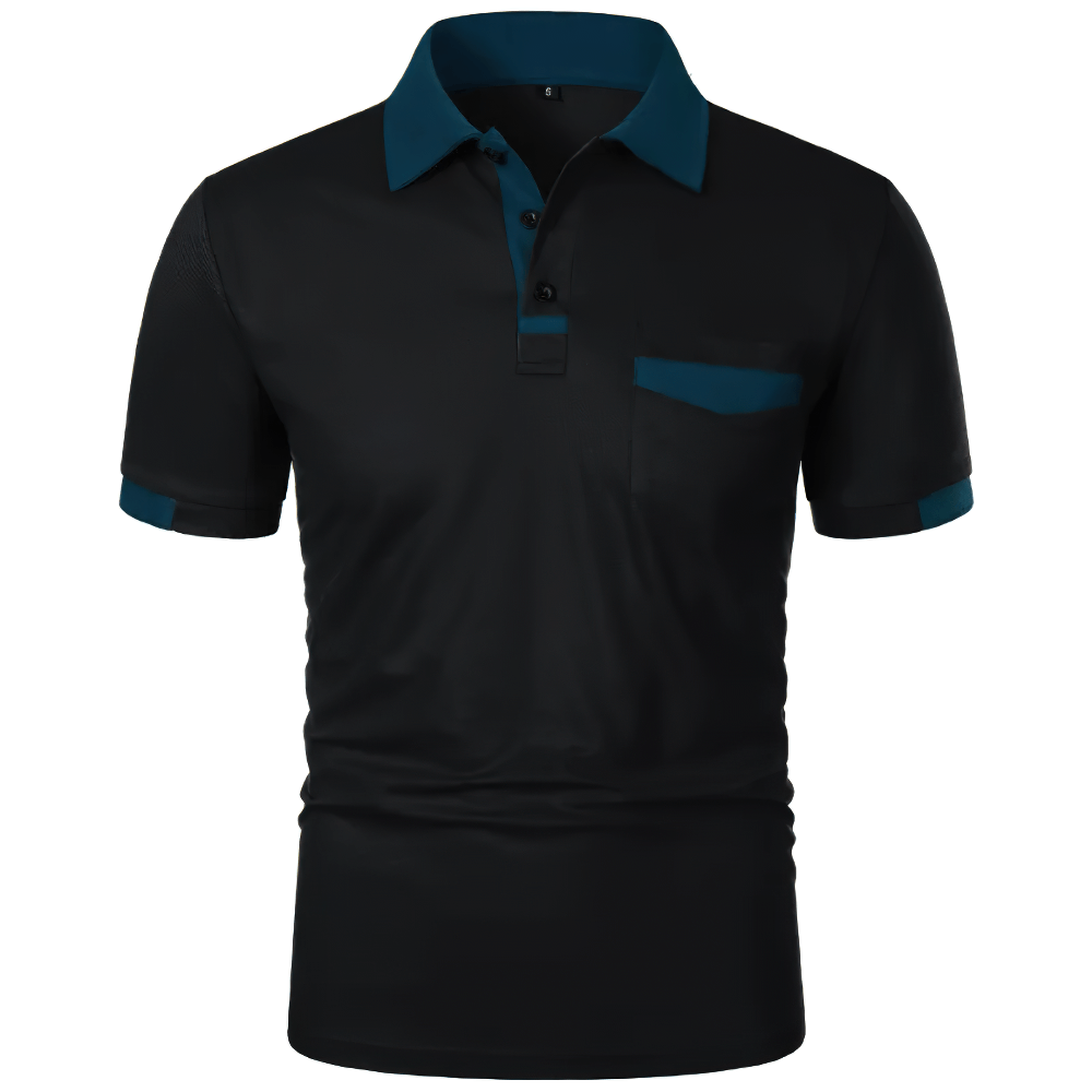 Alt Tag: Men's Solid Color Polo Shirt with Chest Pocket - SF4325 black short sleeve polo with contrast collar, pocket trim, and button placket