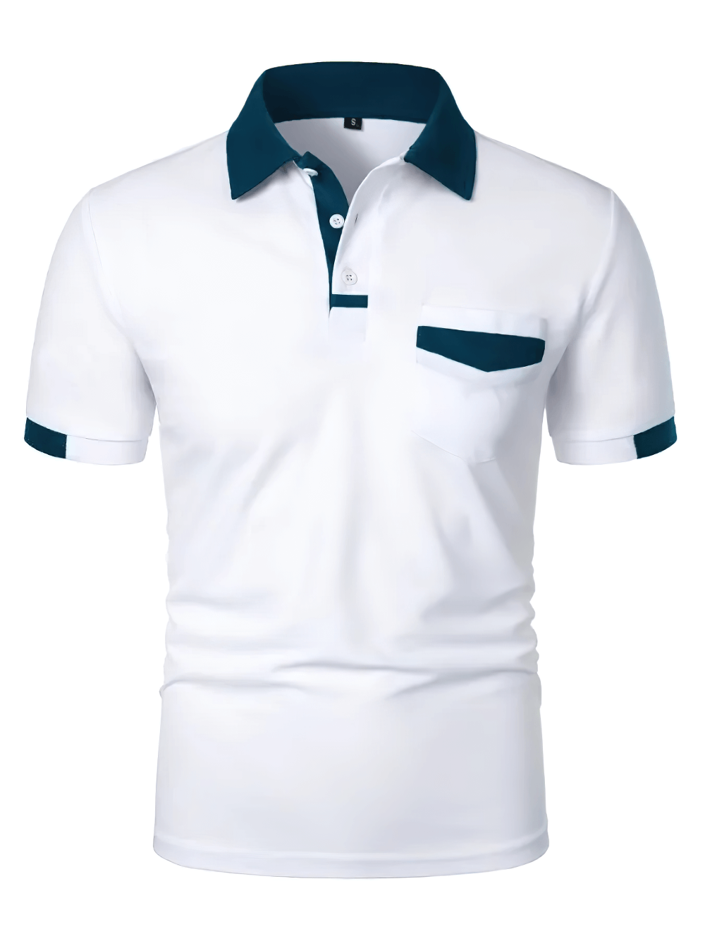 Alt Tag: Men's Solid Color Polo Shirt with Chest Pocket - SF4325 white short sleeve polo with contrast collar trim and chest pocket