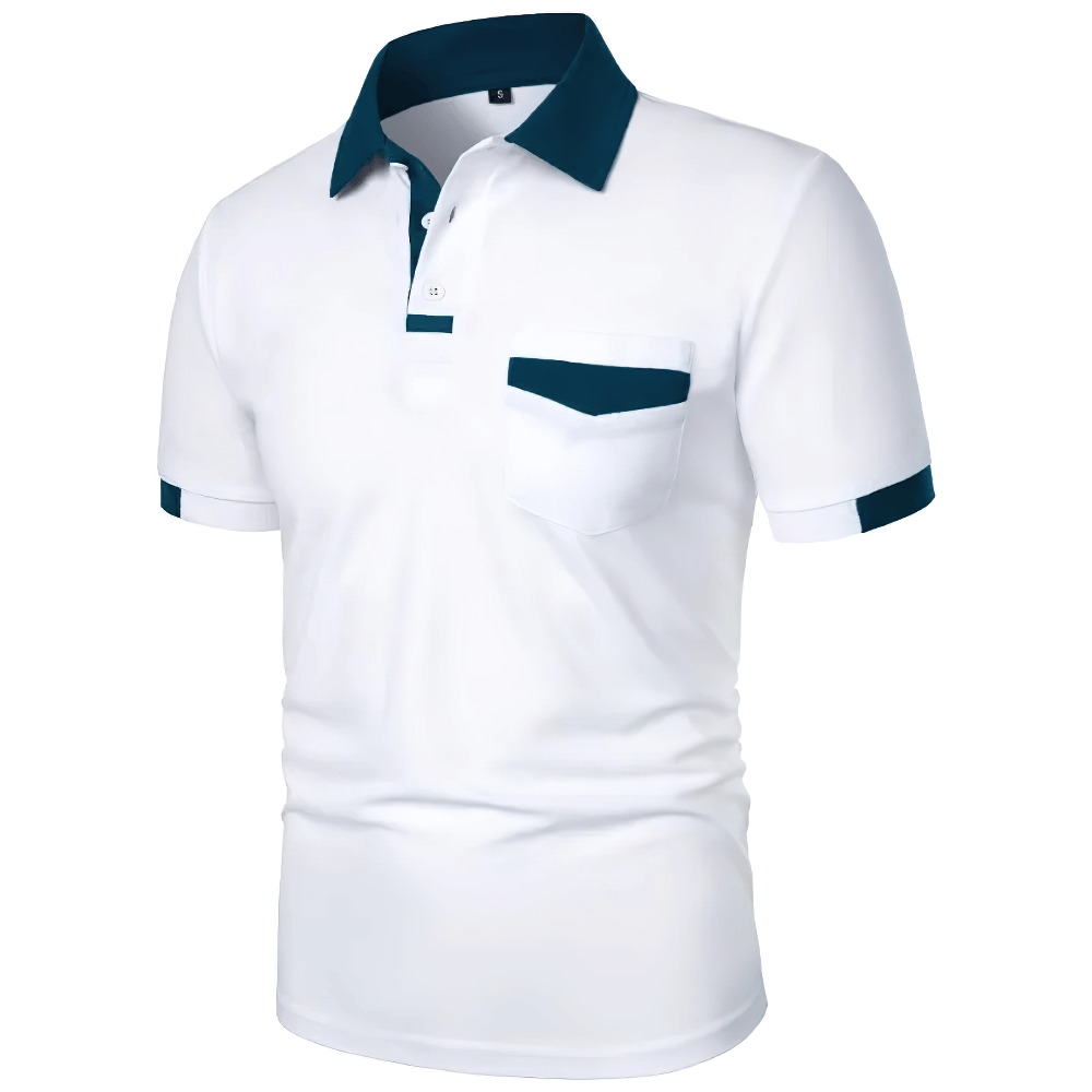 Alt Tag: Men's Solid Color Polo Shirt with Chest Pocket - SF4325 white short sleeve polo with contrast collar trim and chest pocket