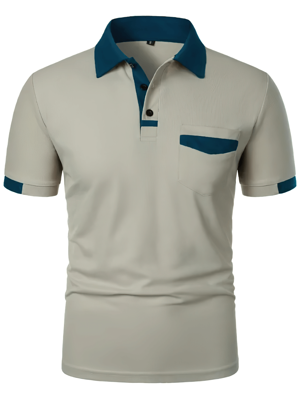 Alt Tag: Men's Solid Color Polo Shirt with Chest Pocket - SF4325 beige short sleeve polo with teal contrast collar and pocket trim