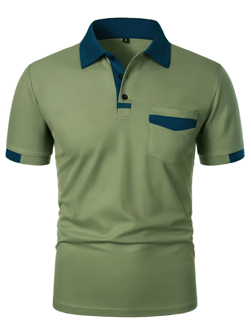 Alt Tag: Men's Solid Color Polo Shirt with Chest Pocket - SF4325 olive green short-sleeve polo with navy contrast collar and pocket trim