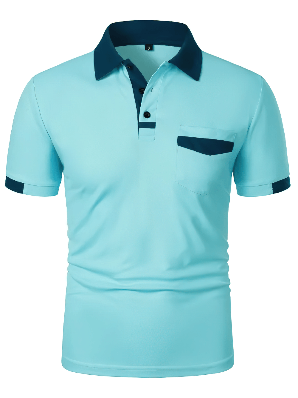 Alt Tag: Men's Solid Color Polo Shirt with Chest Pocket - SF4325 light blue short sleeve polo with contrast collar trim and chest pocket