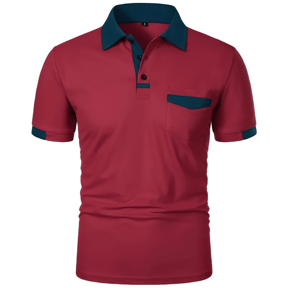 Alt Tag: Men's Solid Color Polo Shirt with Chest Pocket - SF4325 maroon short sleeve golf polo with contrast collar, trim and chest pocket