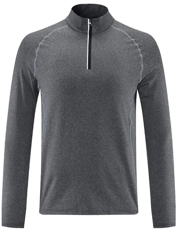 Alt Tag: Men's sports pullover with long sleeves, stand collar, and zipper. Perfect for fitness activities and features reflective strip.