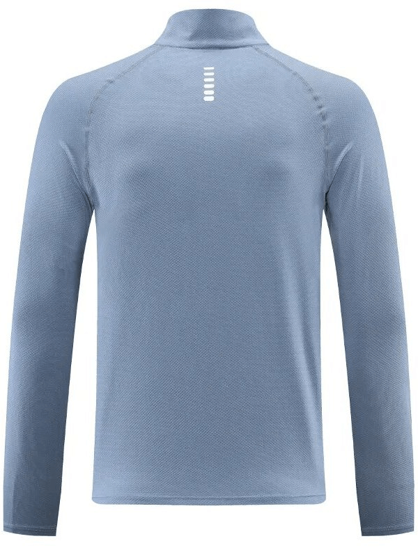 Men's sports pullover with long sleeves, stand collar, light blue, reflective strip detailing, ideal for fitness and cycling.