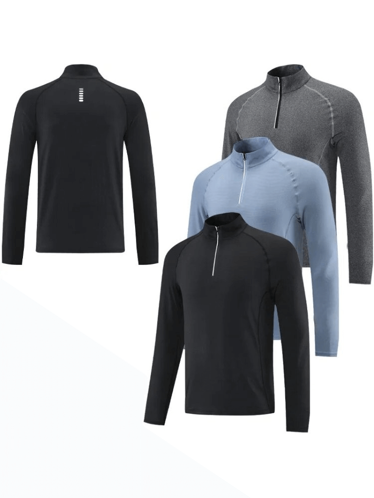 Men's sports pullovers with long sleeves and stand collar, featuring reflective strips for cycling and gym workouts in various colors.
