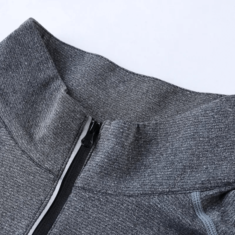 Gray men's sports pullover with zipper stand collar detail view, ideal for fitness and cycling, featuring breathable fabric and reflective strips.