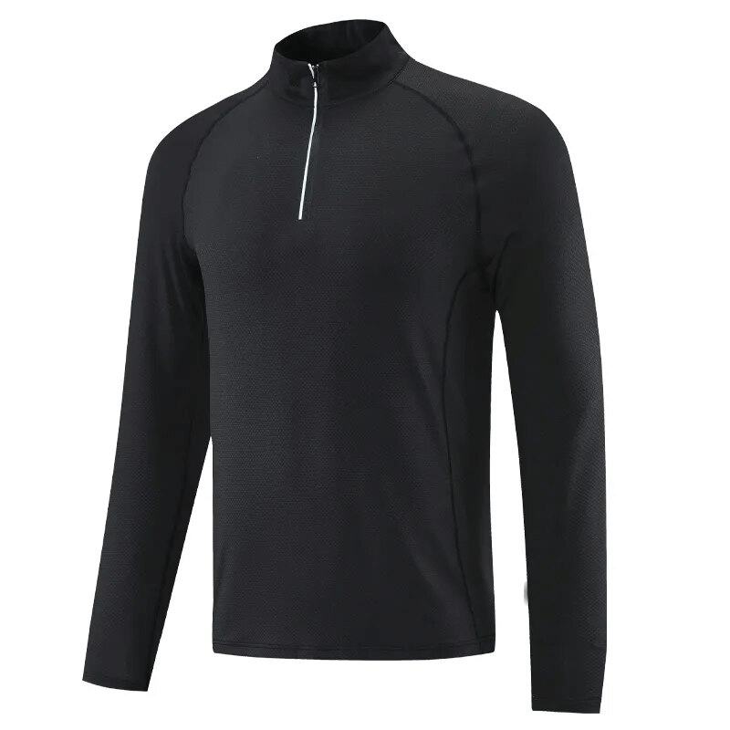 Men's sports pullover with long sleeves, stand collar, and zipper detail for fitness activities. Black color, SF1566, breathable material.