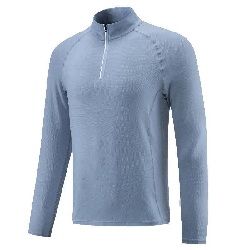 Men's blue sports pullover with long sleeves and stand collar, featuring a front zipper and reflective strip, ideal for fitness activities.