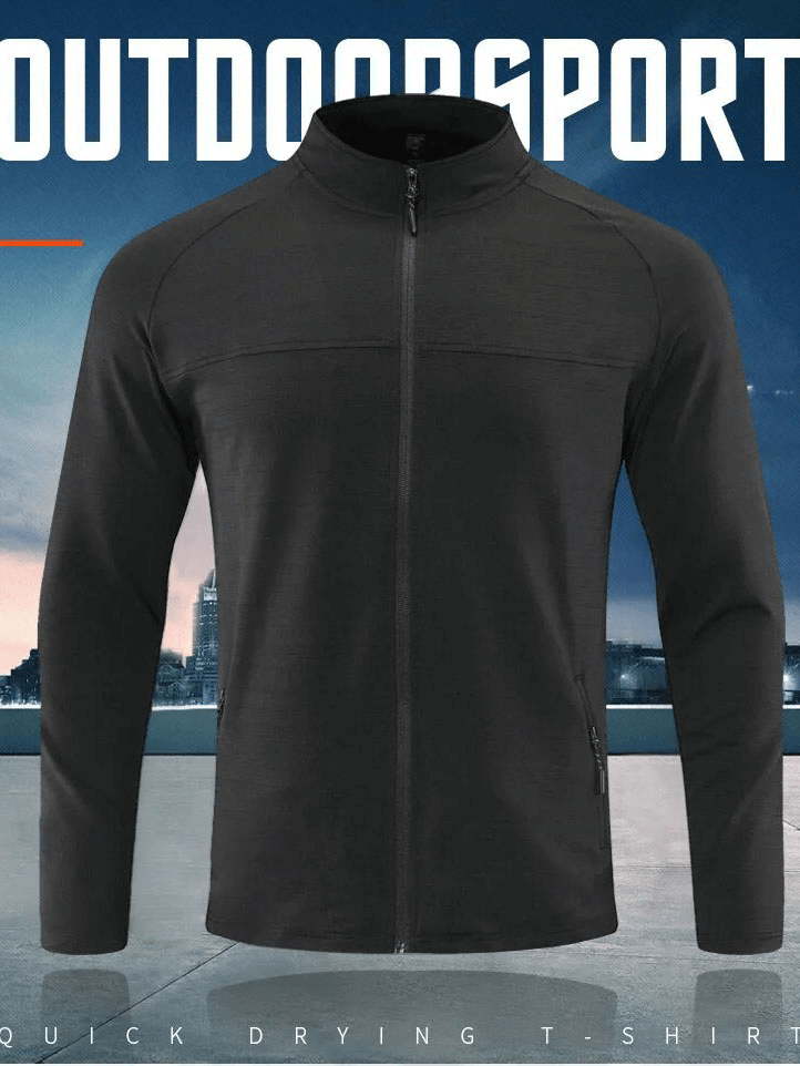 Men's black sports running jacket with zipper, dry fit fabric, ideal for outdoor activities. Stylish and breathable design.
