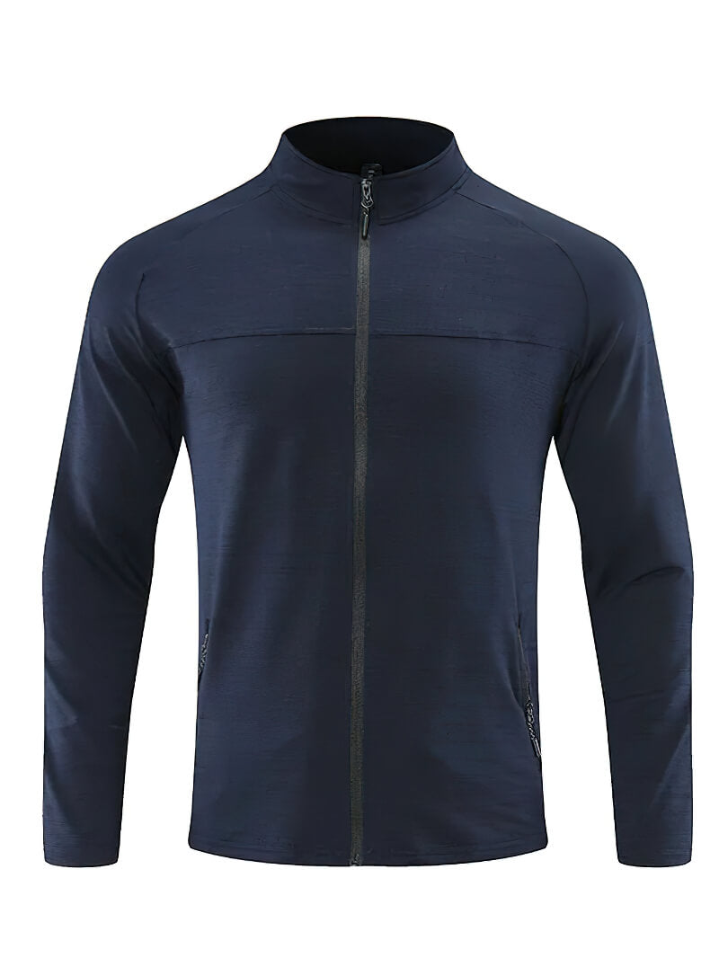 Men's dry fit running jacket with zipper and stand collar, featuring breathable and quick-dry polyester fabric in navy blue.