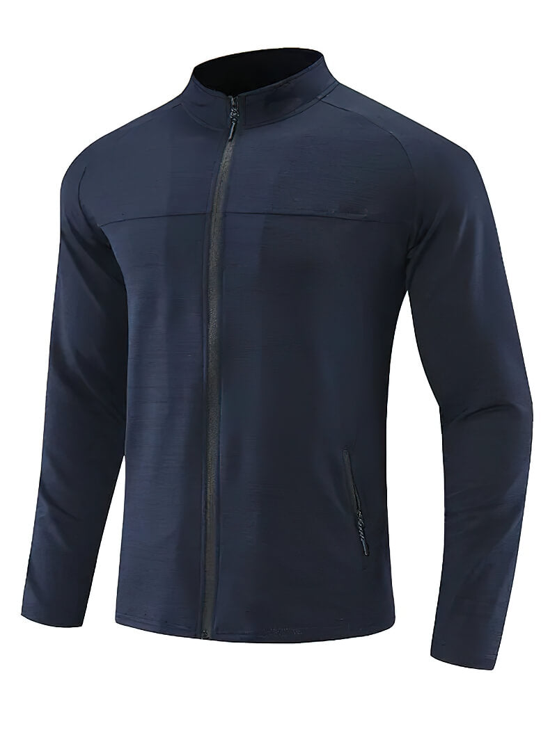 Men's sports running dry fit jacket with zipper, black color, long sleeves, stand collar, quick-dry and breathable fabric.