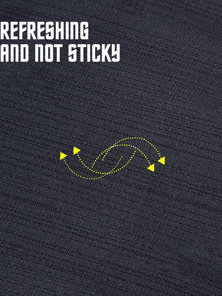 Close-up of breathable fabric with "Refreshing and Not Sticky" text, highlighting airflow and comfort in the Men's Sports Jacket.
