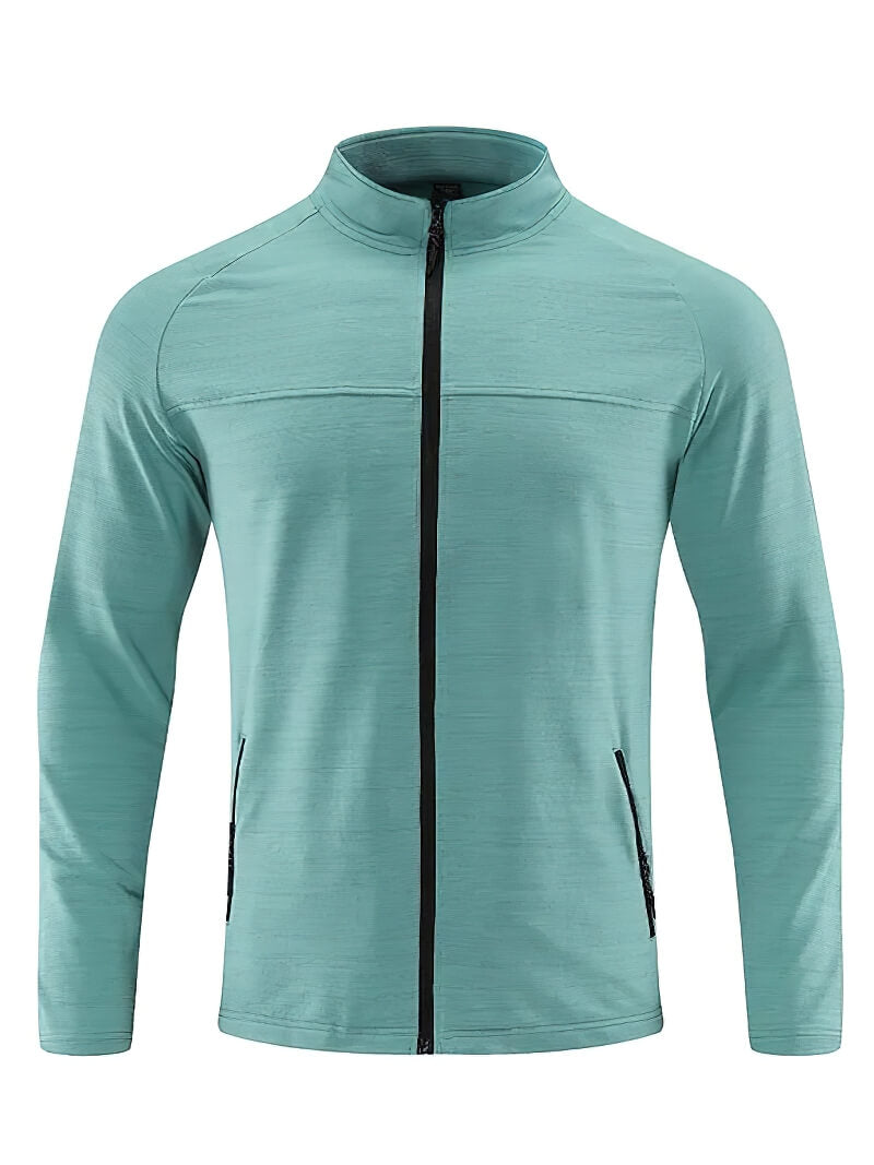 Men's Sports Running Jacket SF1835 in green with zipper, stand collar, and two zip pockets for secure storage, made of quick-dry fabric.