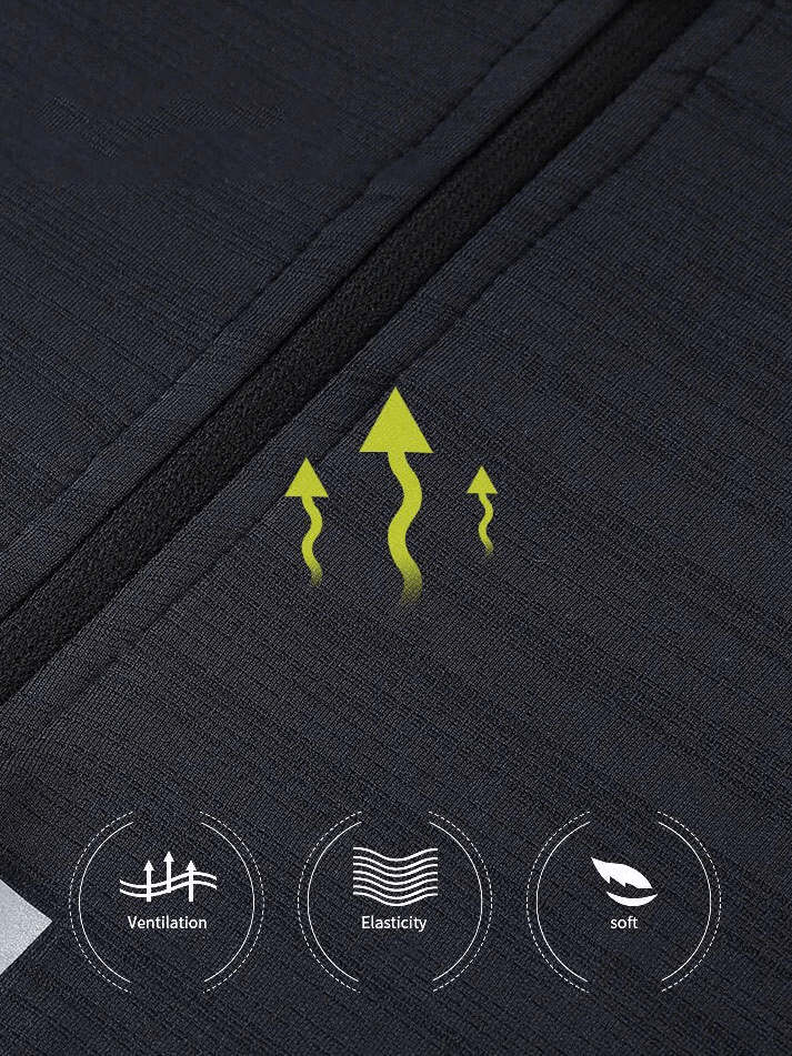 Close-up of Men's Sports Jacket showing ventilation, elasticity, and softness with visual symbols.