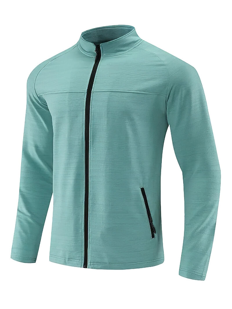 Men's Dry Fit Zipper Jacket in teal, with full sleeves and stand collar. Ideal for sports, featuring breathable fabric and secure zip pockets.