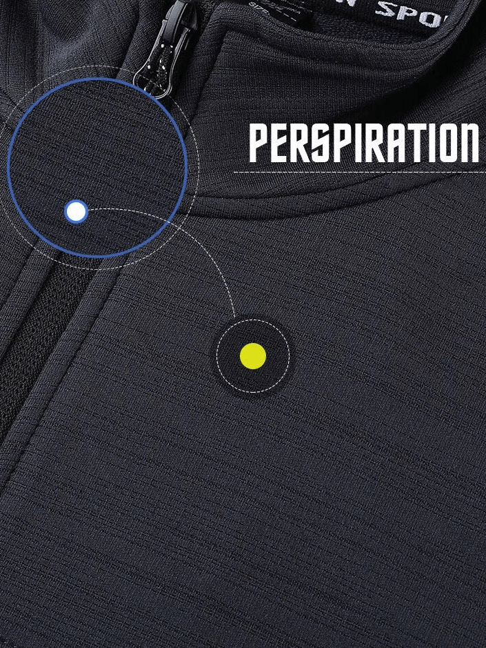 Close-up of men's dry fit running jacket showing zipper and moisture-wicking fabric with 'Perspiration' text detail.