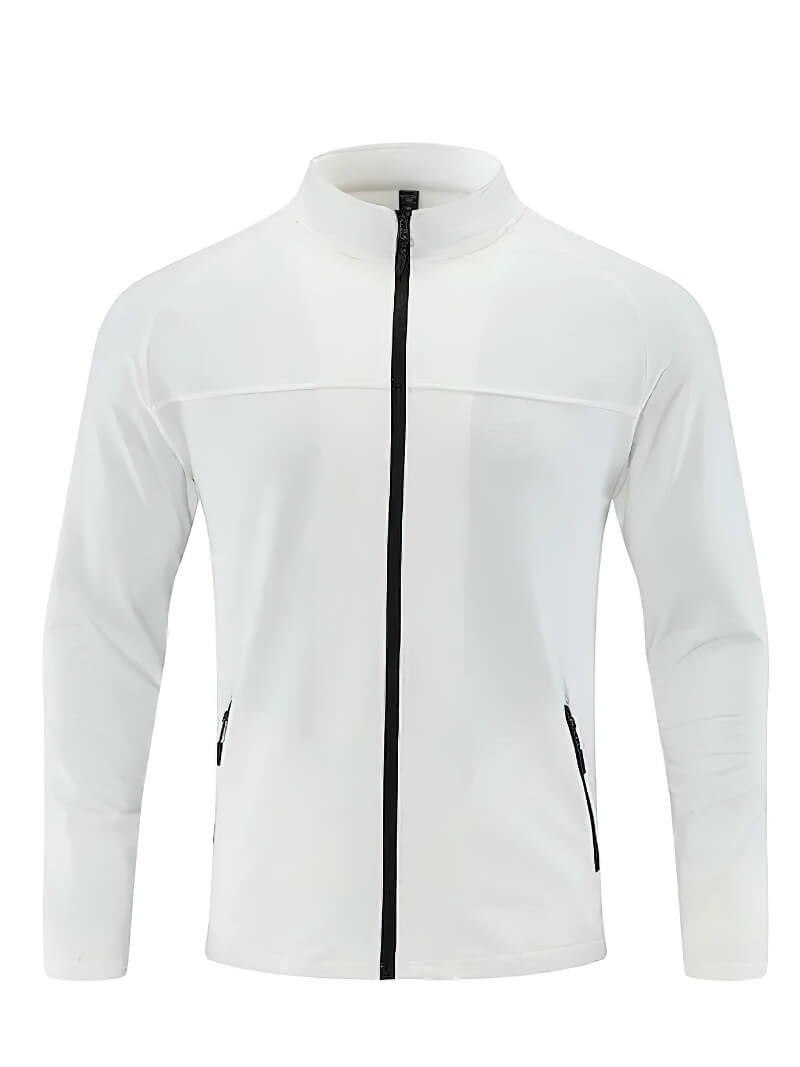 Men's Sports Running Dry Fit Zipper Elasticity Jacket SF1835 in white with a stand collar and zip pockets.