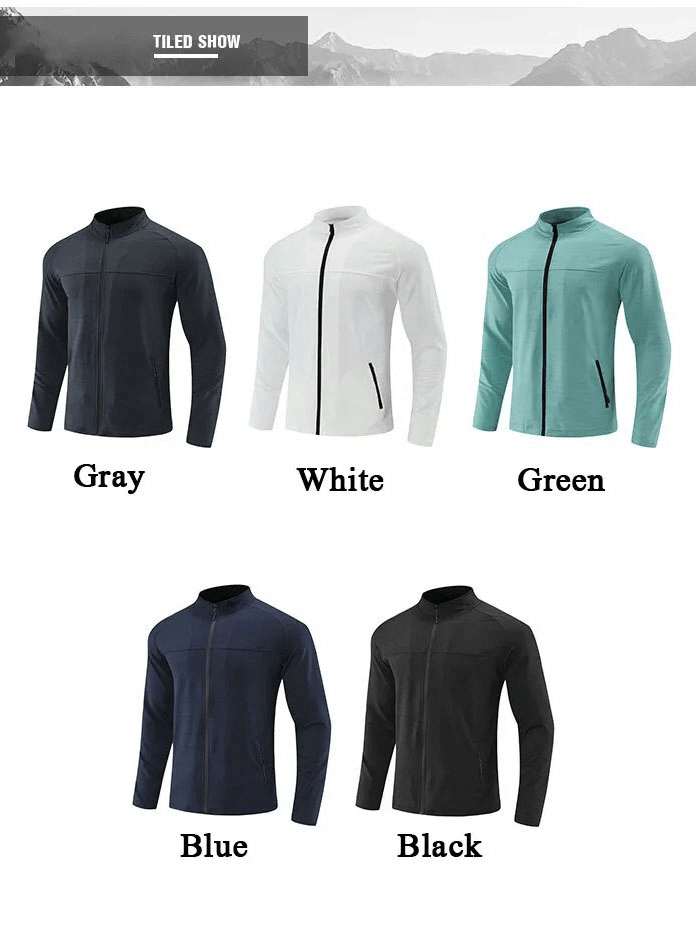 Collection of Men's Sports Running Dry Fit Zipper Elasticity Jackets in gray, white, green, blue, and black.