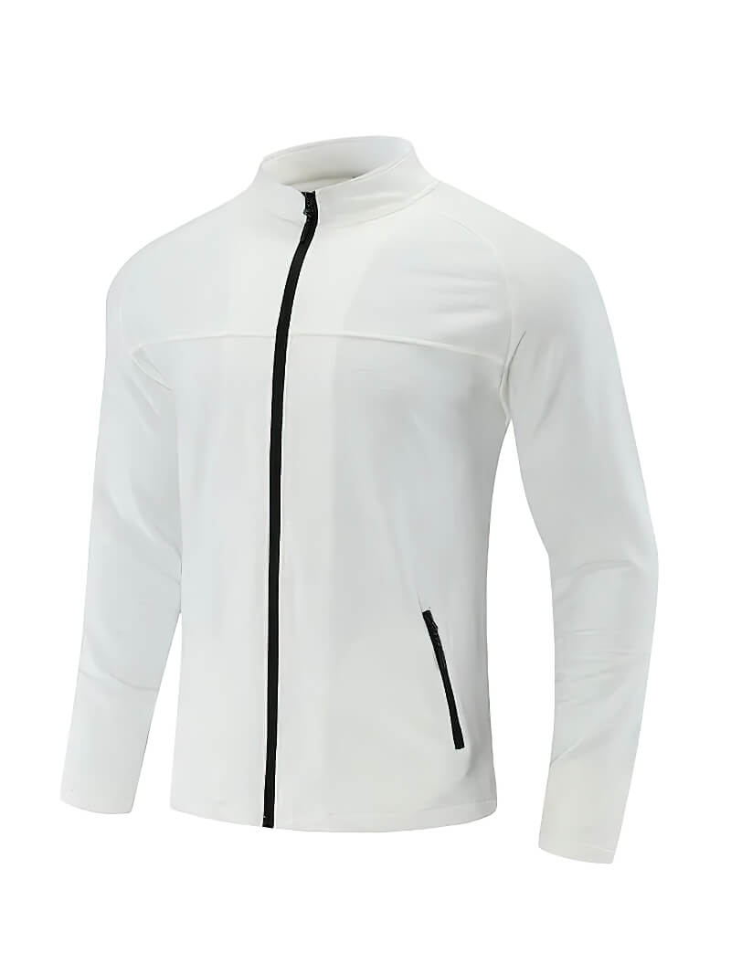 Men's white sports jacket with zipper, slim-fit, breathable polyester, stand collar, and zip pockets for running and outdoor activities.