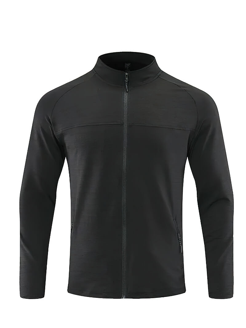 Men's black dry fit sports jacket with zipper, stand collar, and full sleeves, showcasing breathable and quick-dry polyester fabric, model SF1835.