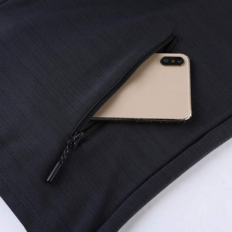 Close-up of Men's Running Jacket pocket with smartphone, highlighting secure zip storage, SF1835.