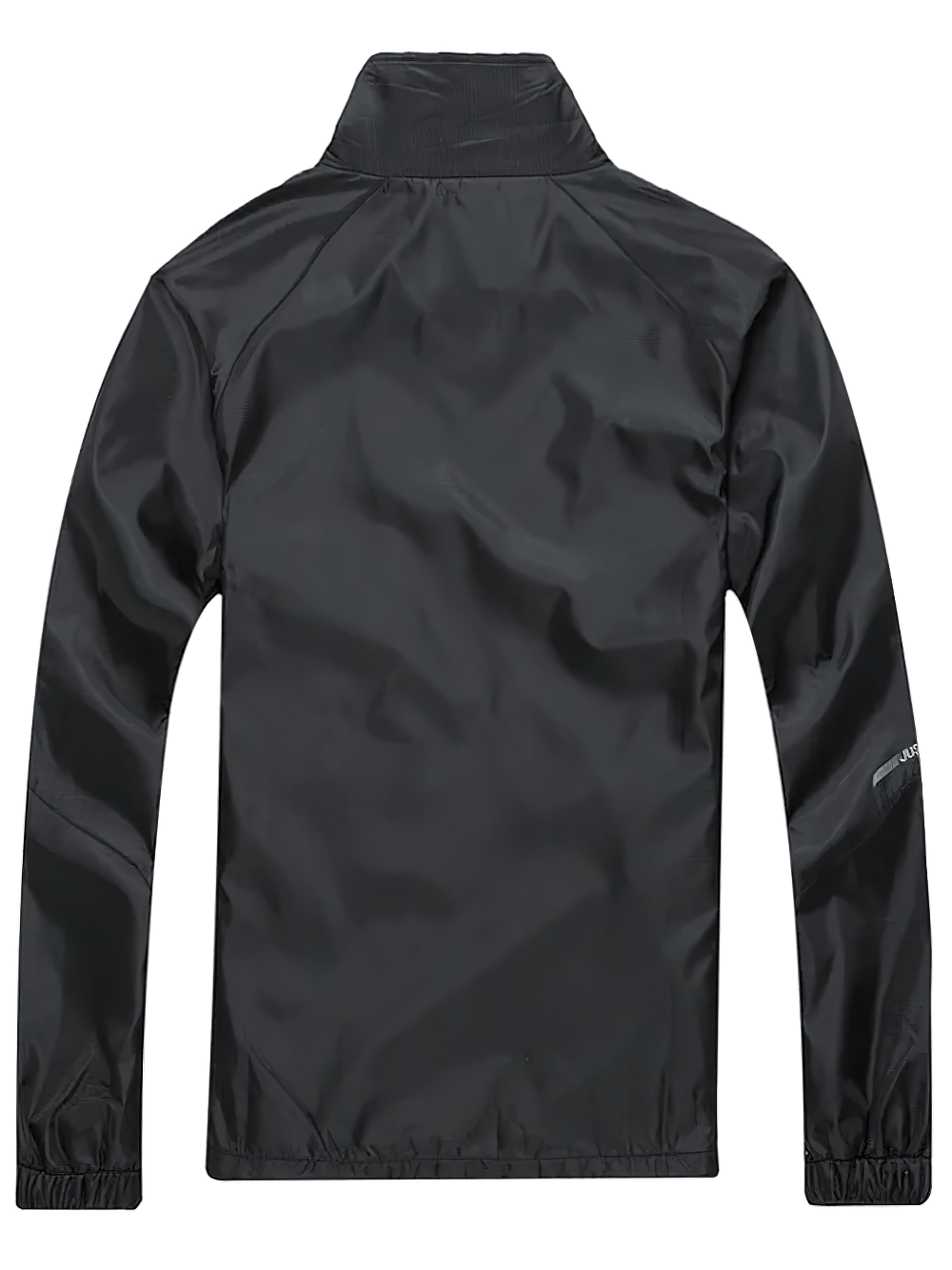 Men's sports tracksuit jacket with mandarin collar in black, featuring zipper closure and full sleeves. Perfect for gym and jogging.