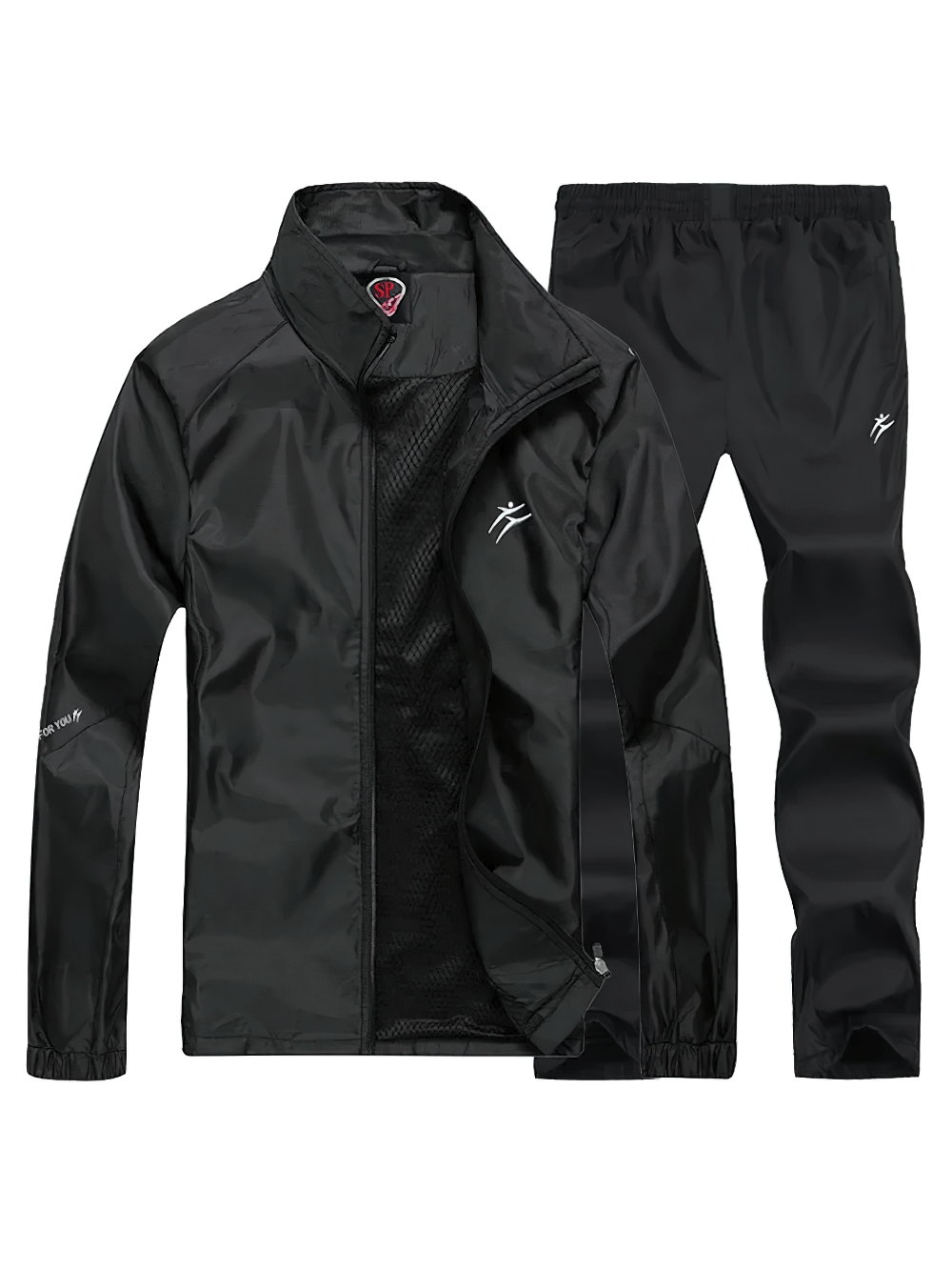 Men's black sports tracksuit SF2287, polyester with zipper closure, mandarin collar, elastic waist pants, ideal for gym and jogging.