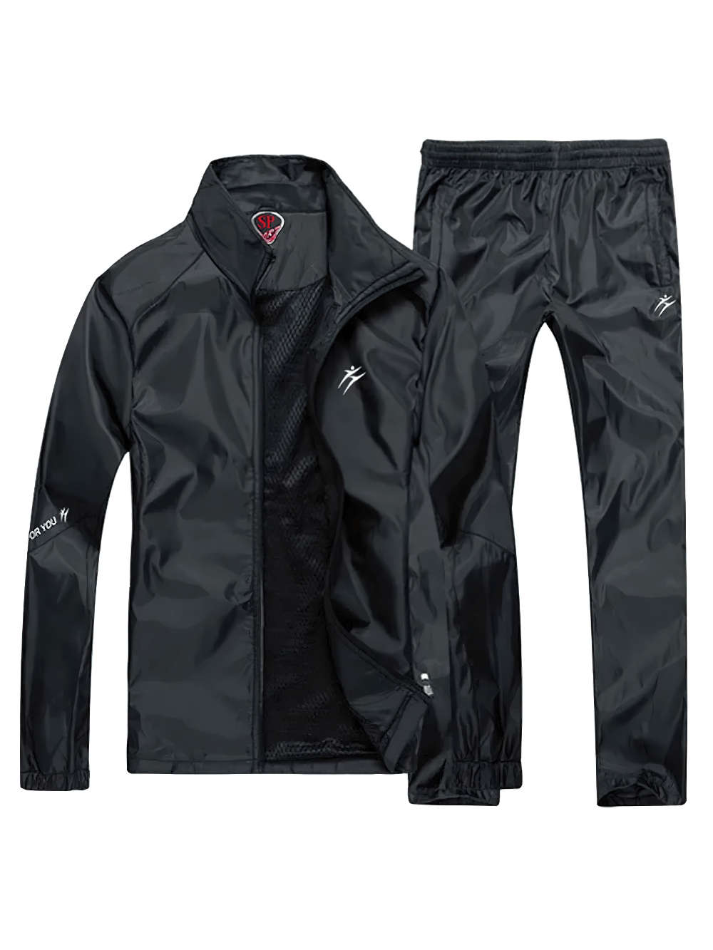 Men's black polyester tracksuit SF2287, featuring zipper closure, mandarin collar, and elastic pants for gym and jogging.