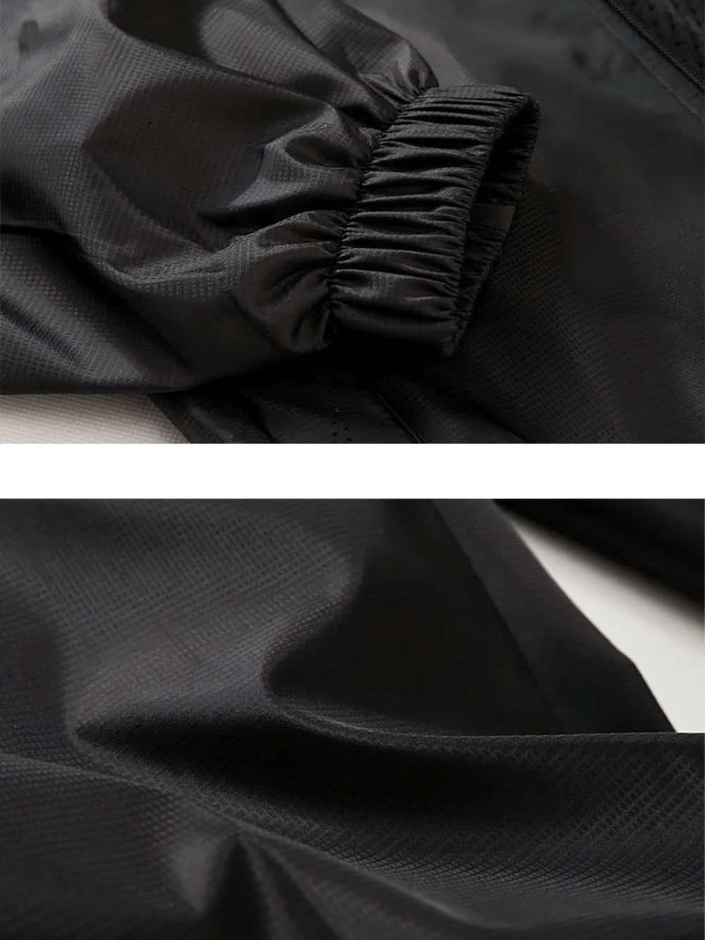 Close-up of black men's sports tracksuit fabric and sleeve cuff detail, showcasing durable polyester material. Ideal for running and gym.