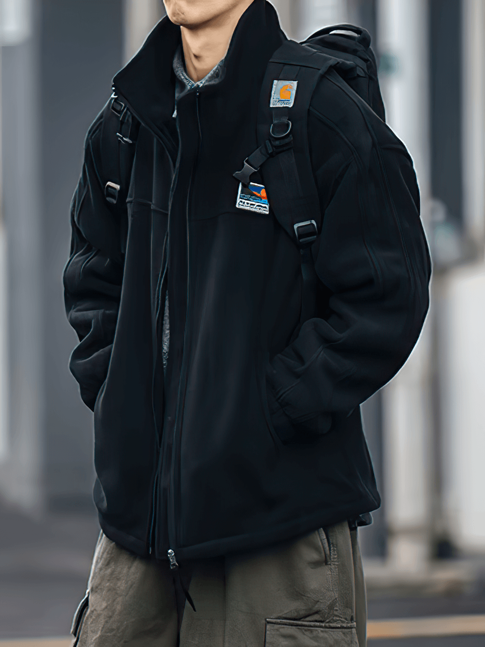 Men's stand collar fleece jacket with zipper, SF2274, black urban streetwear style with backpack, warm and stylish.