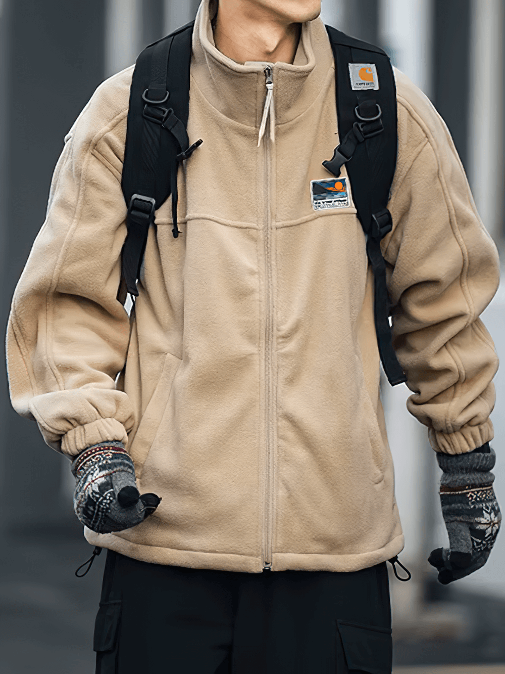 Men's stand collar fleece jacket with zipper, casual streetwear, beige color, perfect for urban and outdoor wear, SF2274.