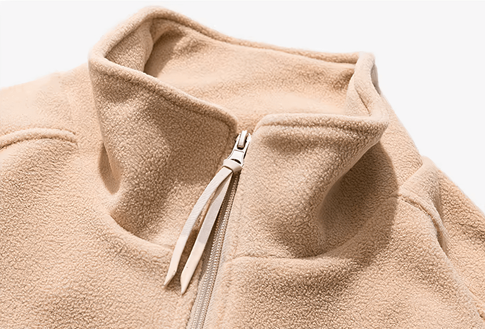 Men's stand collar fleece jacket with zipper - SF2274, beige color, detailed view of zipper and collar design.