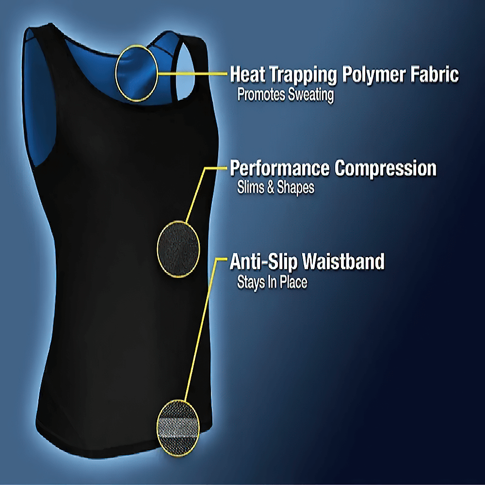 Men's sweat-enhancing tank top featuring heat-trapping polymer, performance compression, and anti-slip waistband for gym workouts.