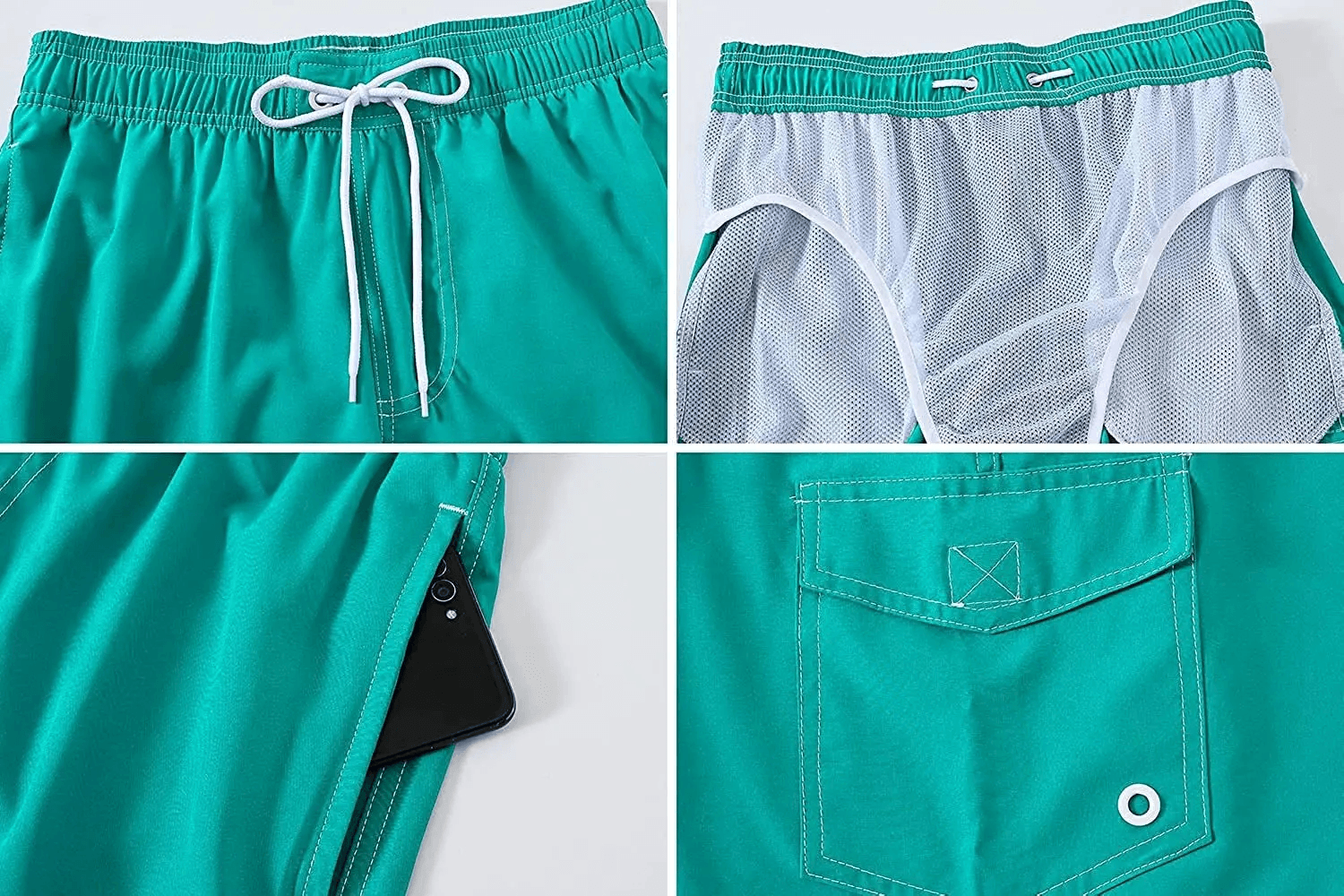 Alt Tag: Men's Swim Shorts with Mesh Liner and Side Pocket - SF4505 teal shorts close-up with drawstring, mesh liner, and side pocket