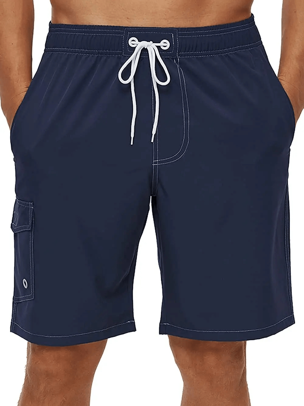 Men's Swim Shorts with Mesh Liner and Side Pocket - SF4505 navy swim trunks with white drawstring and side cargo pocket