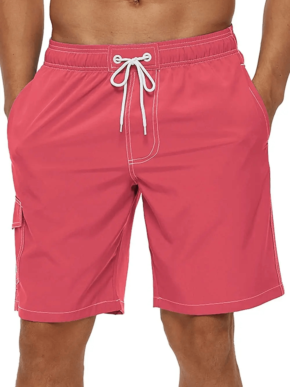 Alt Tag: Men's Swim Shorts with Mesh Liner and Side Pocket - SF4505 pink swim trunks with drawstring waist and side pocket