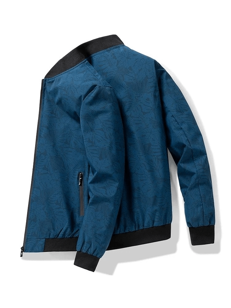 Men's blue tactical camo jacket, weatherproof outerwear with zipper closure and conventional cuff, shown from the back view.