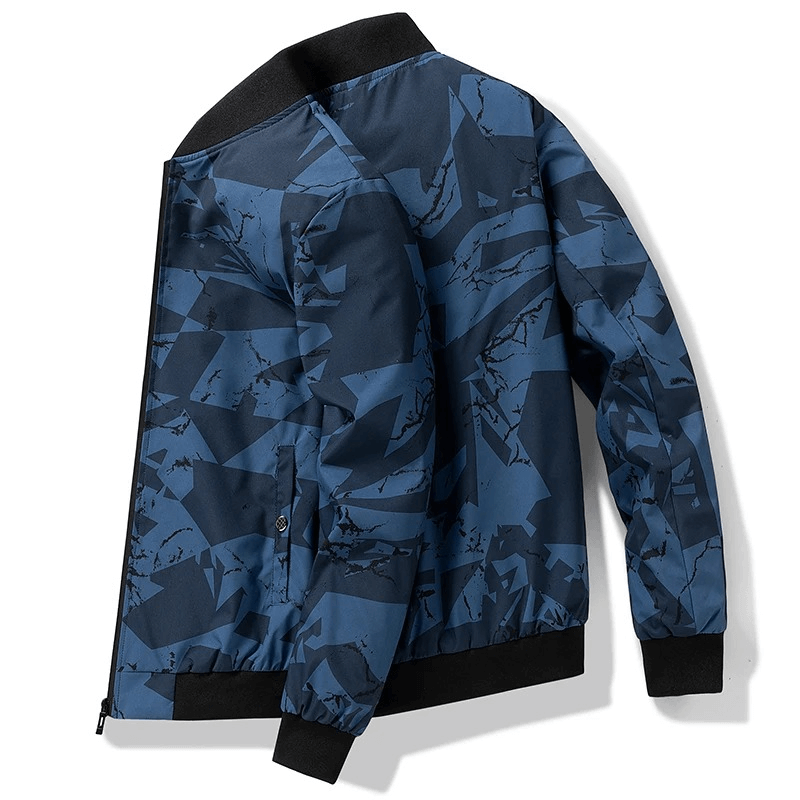 Men's blue camo tactical jacket with zipper closure, weatherproof design, and polyester fabric. Stylish outerwear for men.
