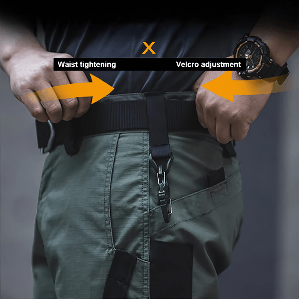 Alt Tag: Men's Tactical Cargo Shorts with Utility Pockets - SF4511 waist tightening belt with Velcro adjustment close-up