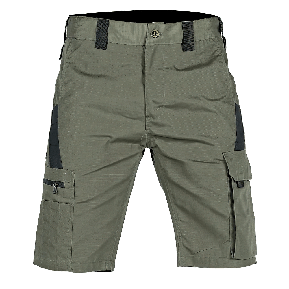Alt Tag: Men's Tactical Cargo Shorts with Utility Pockets - SF4511 olive ripstop knee-length shorts with cargo pockets and reinforced panels