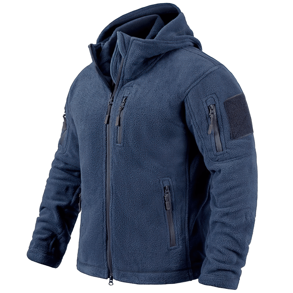 Men's winter tactical fleece jacket with hood and multiple pockets, military-inspired design, SF2532, in navy blue color.