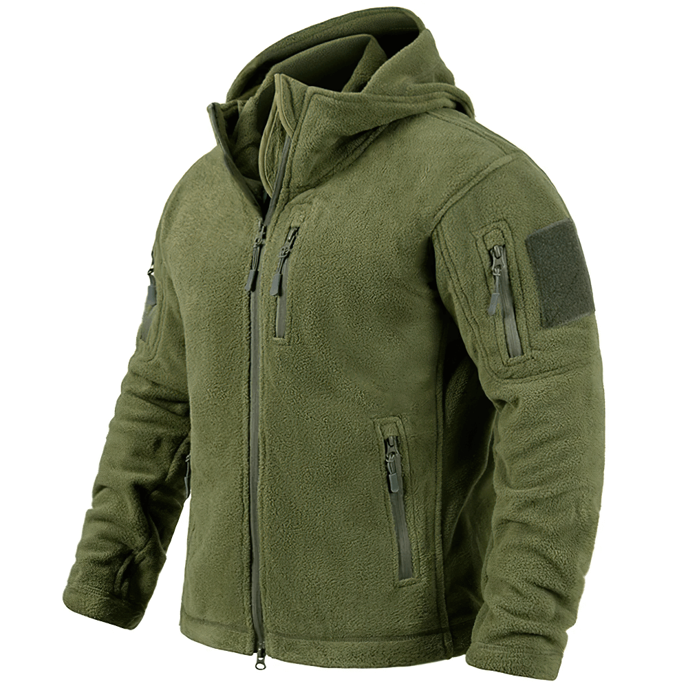 Men's tactical fleece jacket in olive green with hood and multi-pockets, ideal for winter military style and outdoor activities.