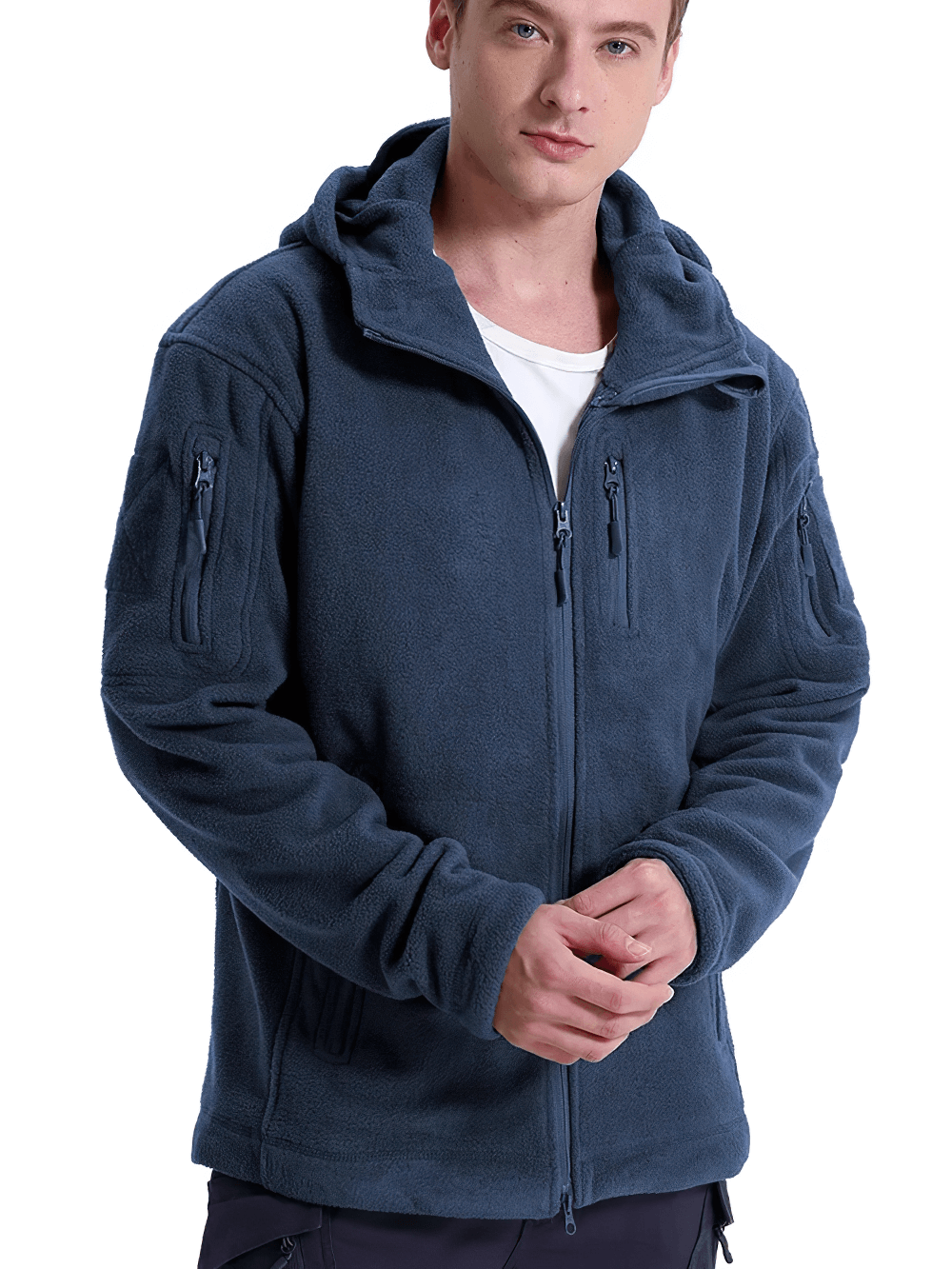 Men's tactical fleece jacket with hood and pockets, ideal for winter. Military-inspired design in blue, perfect for outdoor activities.