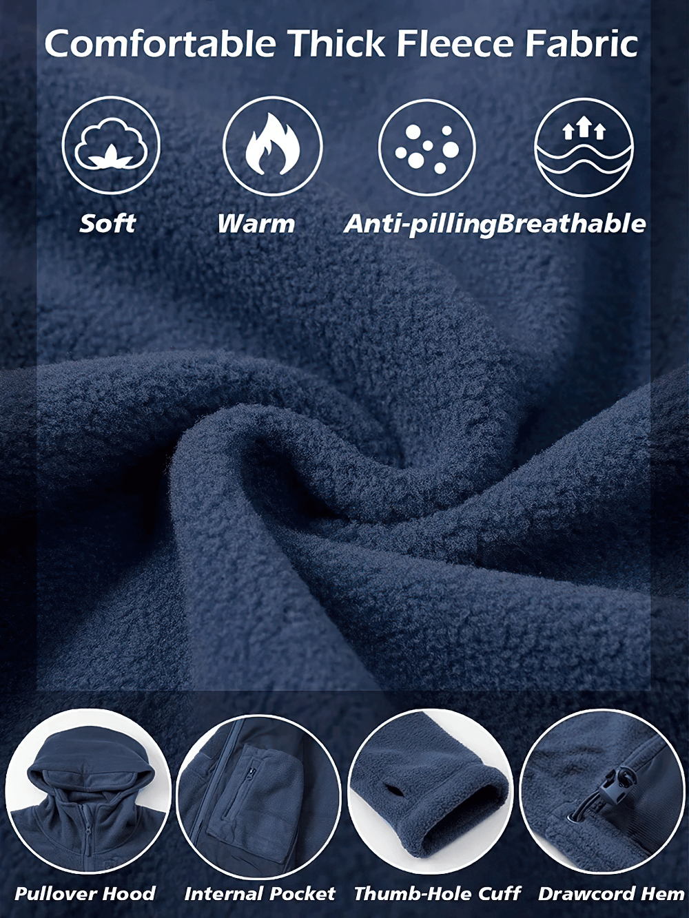 Close-up of a navy blue tactical fleece fabric displaying softness and warmth, with icons for breathable, anti-pilling features.