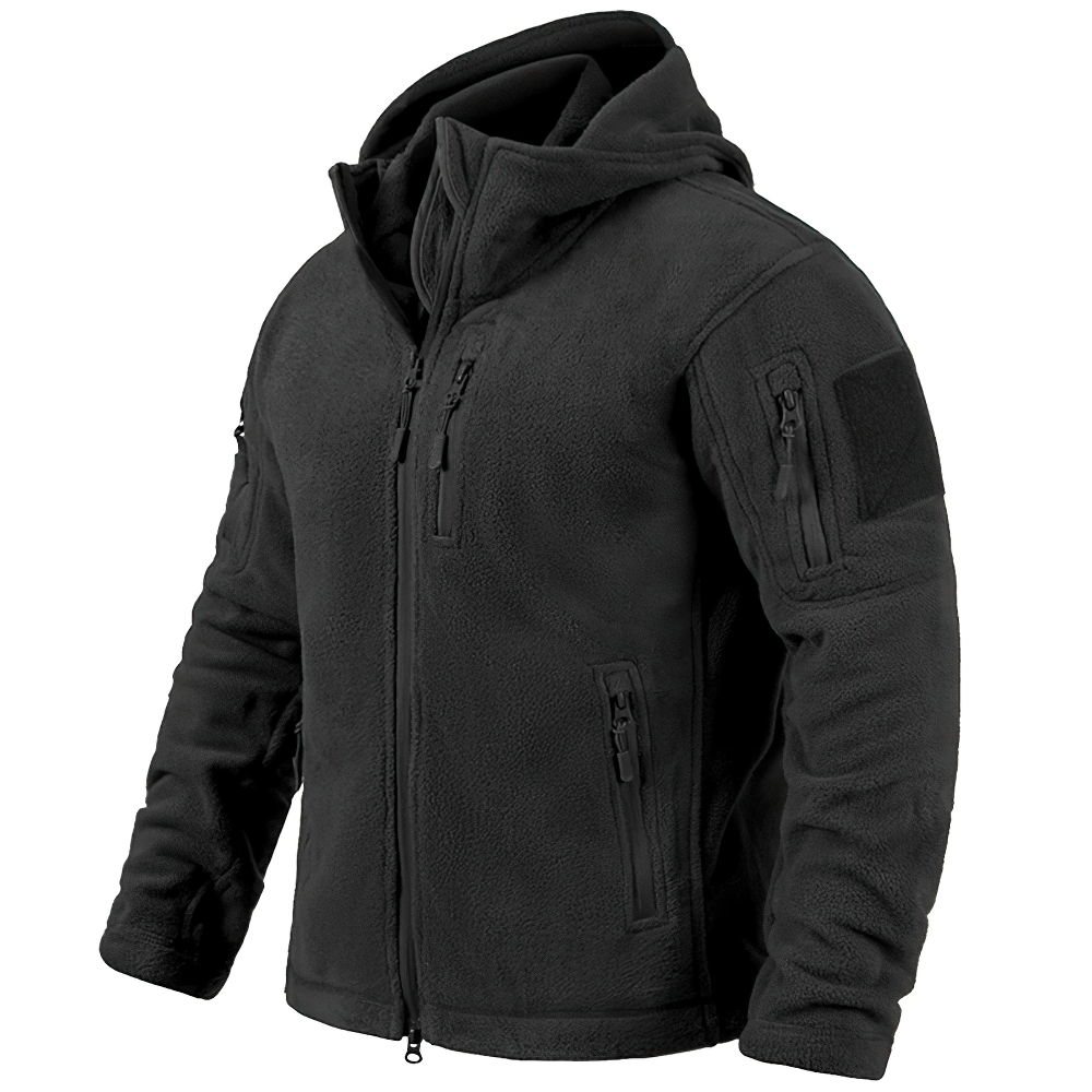 Men's tactical fleece jacket with hood and multiple pockets, military-inspired design for winter warmth and durability.