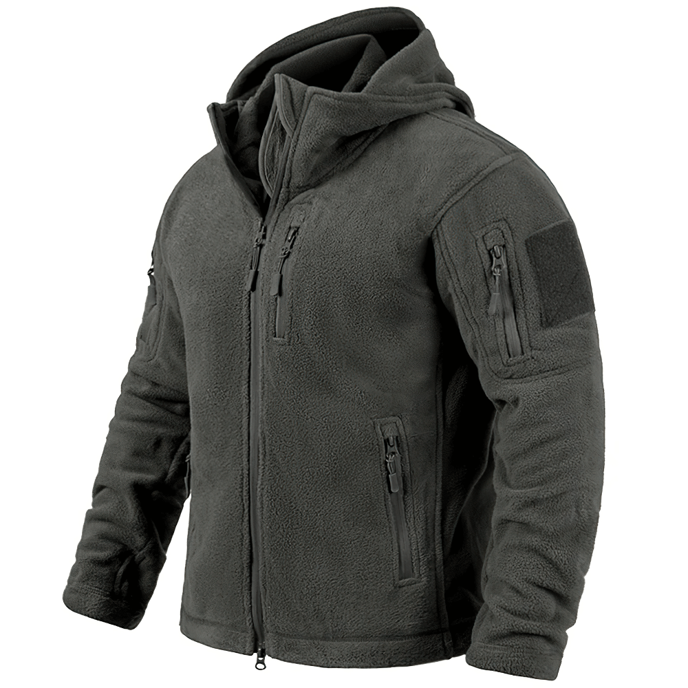 Men's Tactical Fleece Jacket SF2532 with hood and multi-pockets, military style, ideal for winter outdoor activities, gray color.